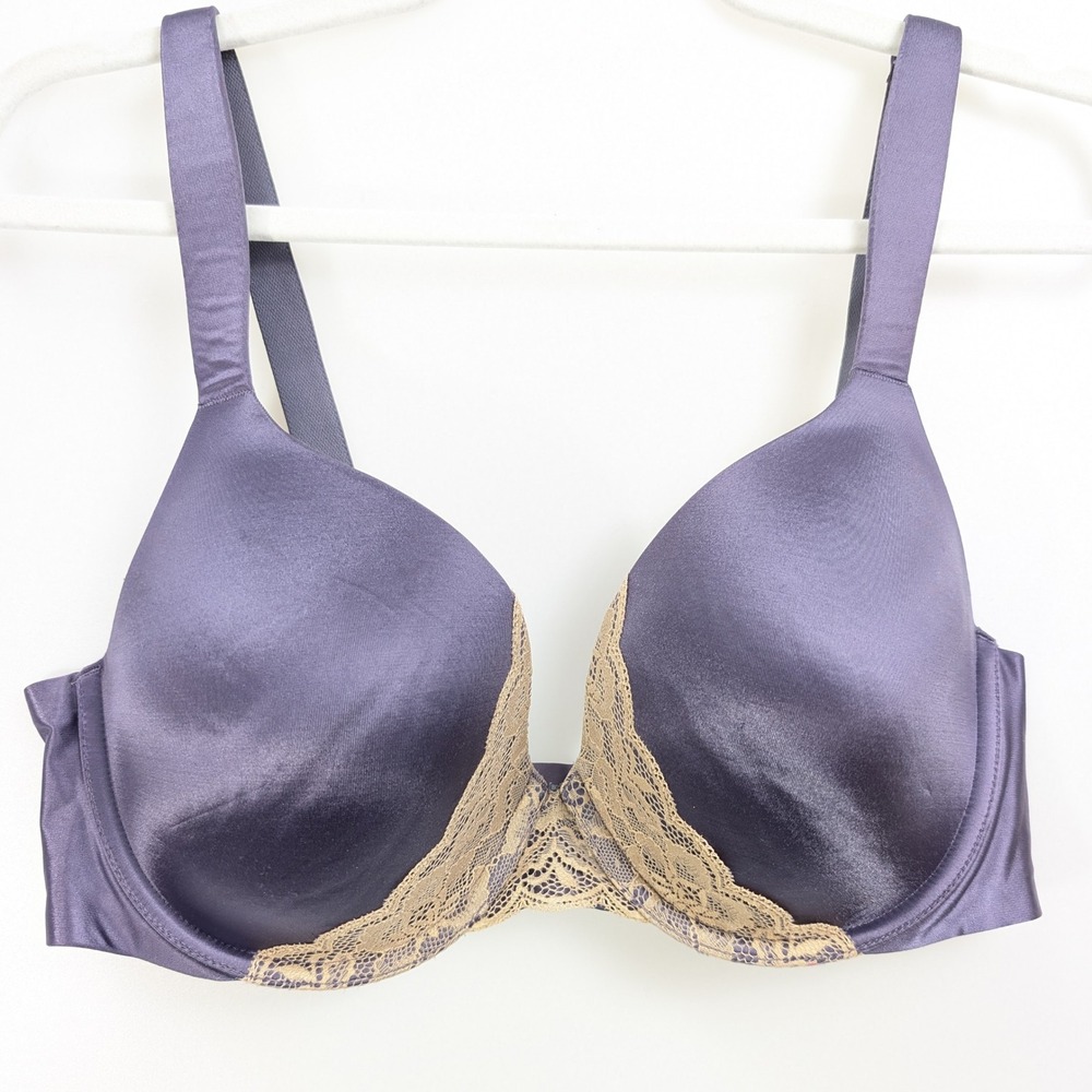 Soma Enhancing Shape Full Coverage Bra Size 36D Purple Lace Trim Satin Smoothing
